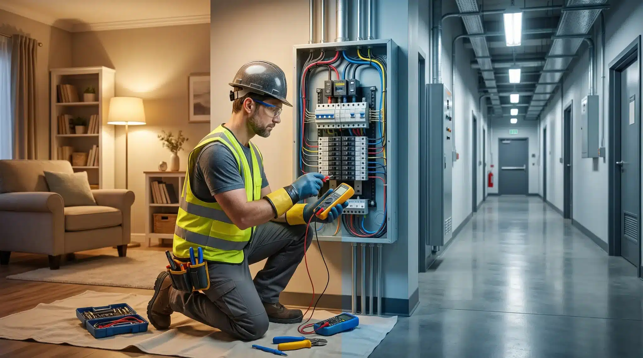 Electrician wearing safety gear inspecting wiring in utility room with tools and equipment nearby