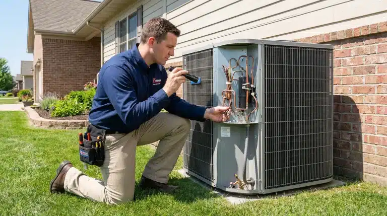 Technician inspecting outdoor air conditioning unit with flashlight on lawn near brick house