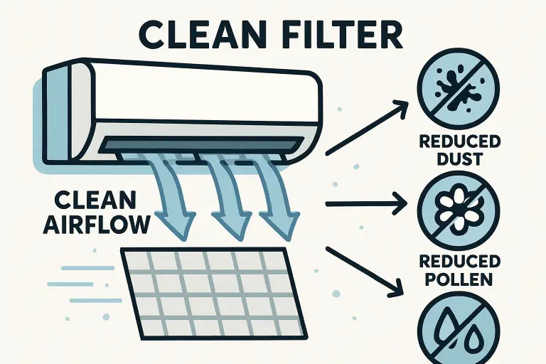 Diagram of air conditioner illustrating clean filter benefits, including reduced dust and pollen