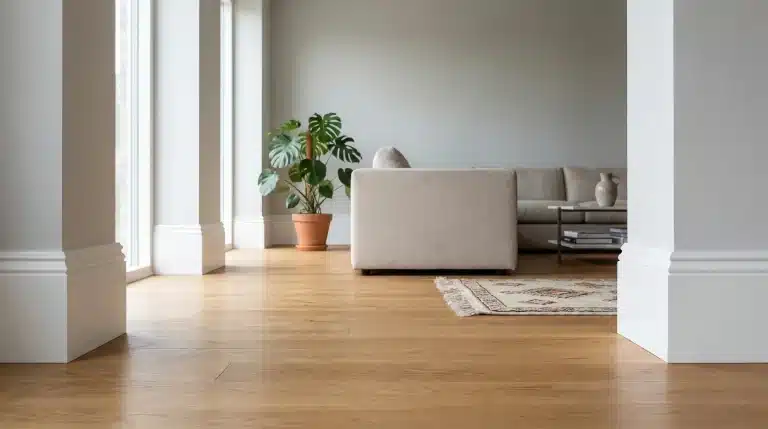 Minimalist living room with beige sofa and monstera plant on wooden floor