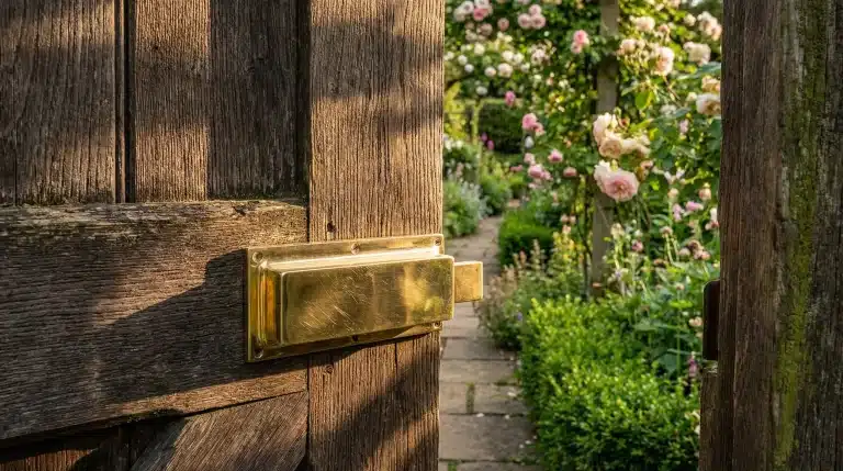 Aged wooden gate with brass latch opening to blooming rose garden in sunlight