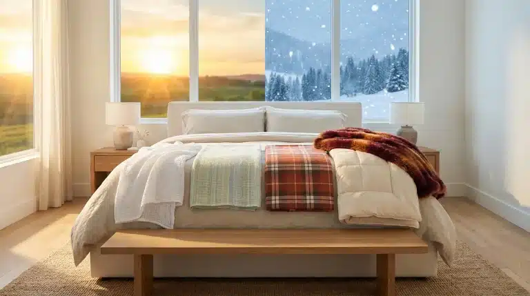 Cozy bedroom with layered blankets on bed, wooden furniture, large windows showing contrasting seasons