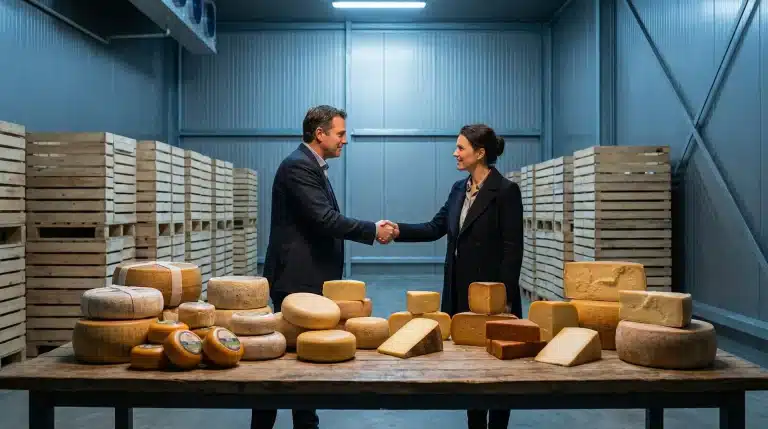 Two people shaking hands over cheese selection in a dimly lit storage room
