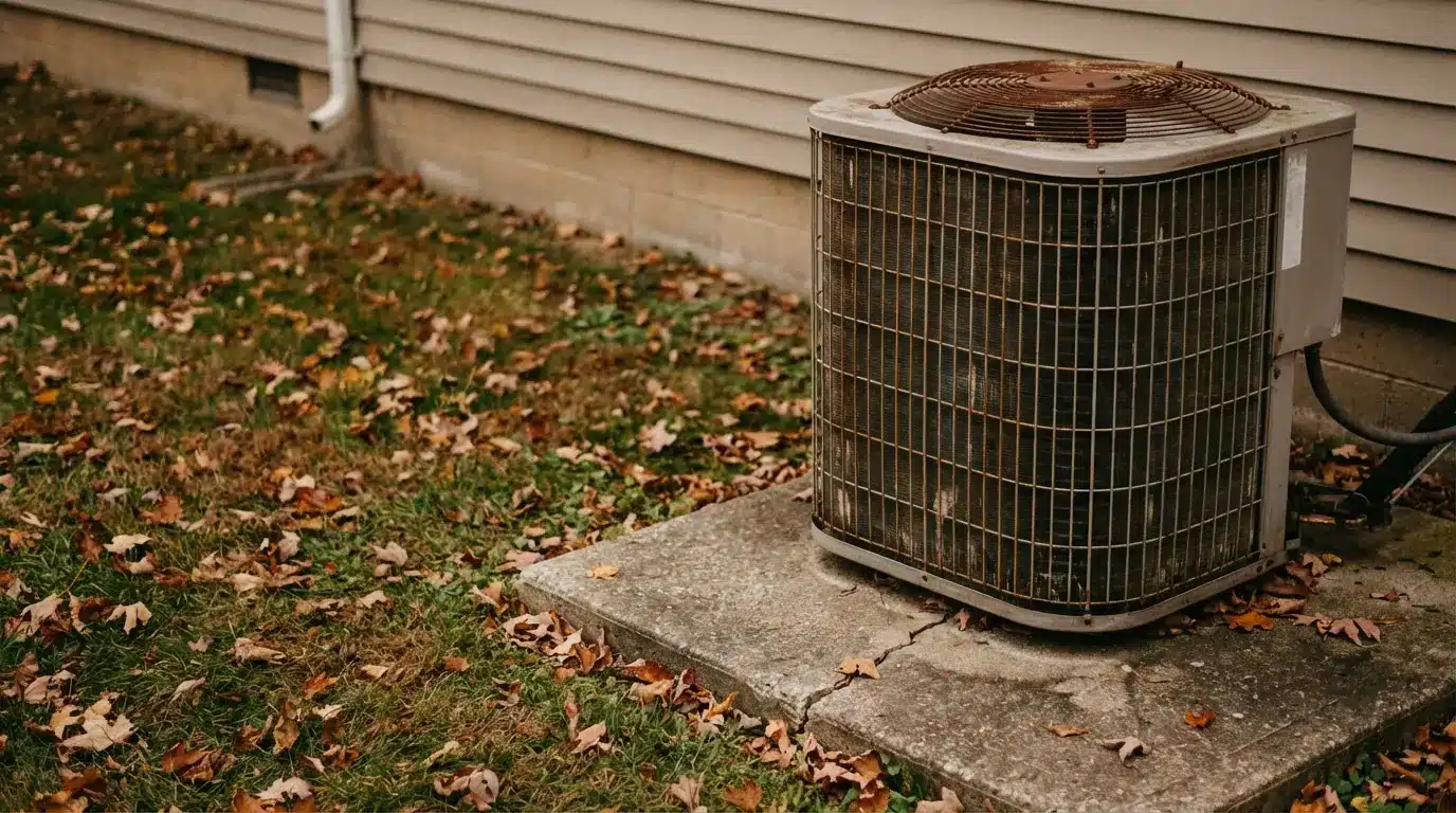 Outdoor air conditioning unit surrounded by fallen leaves on concrete pad
