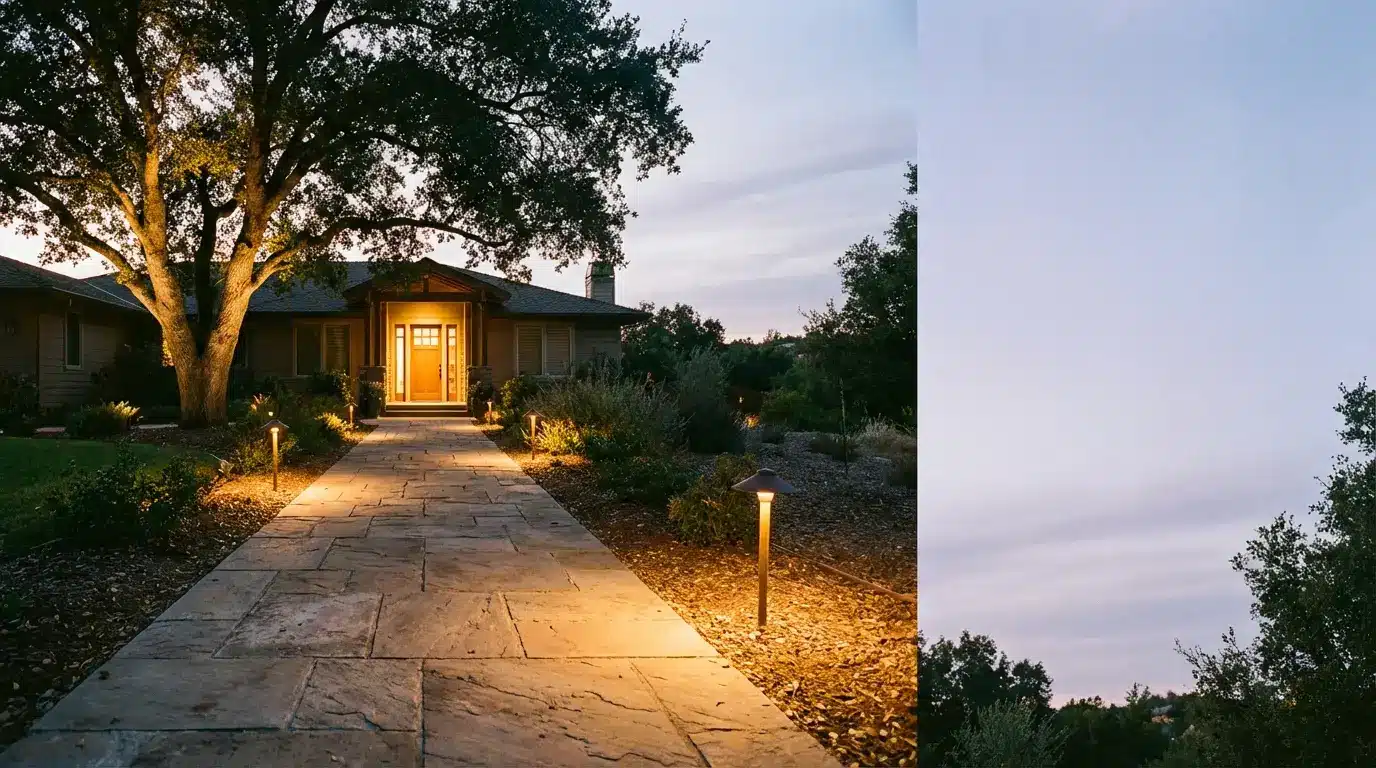 Pathway leading to house entrance illuminated by warm outdoor lighting at dusk