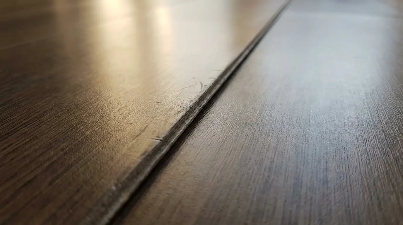 Close-up of scratched wooden floorboards with visible dividing line