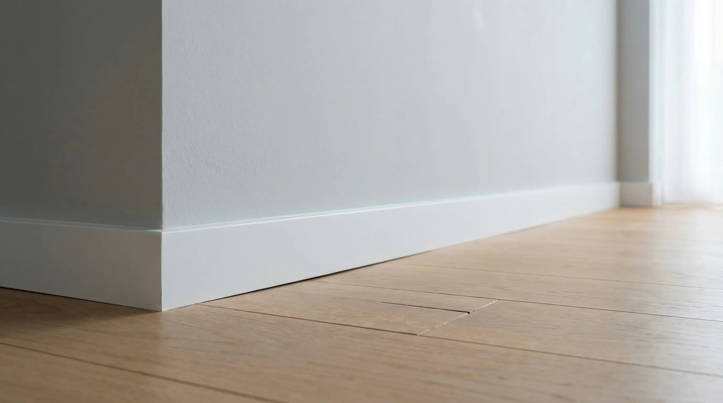 White baseboard along light wood floor in bright minimalist interior