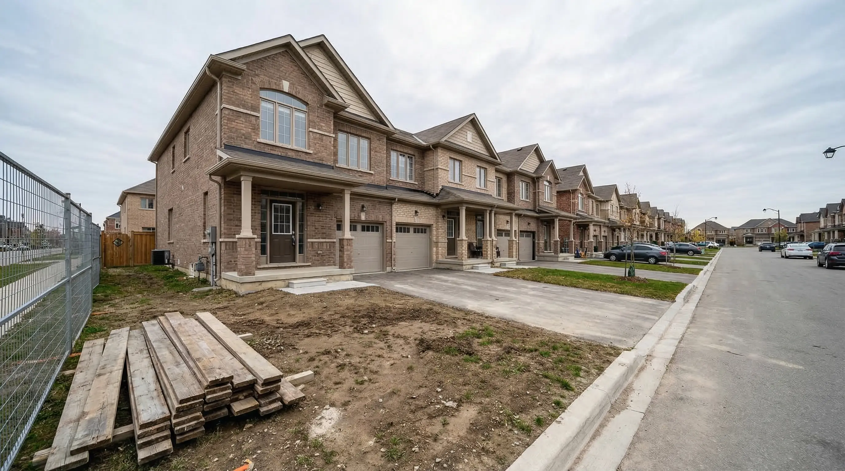 Newly constructed brick townhouses with garages in suburban neighborhood under cloudy sky