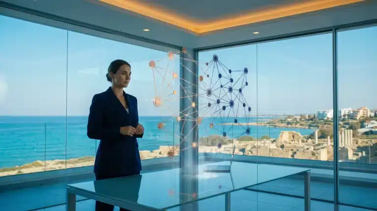 Woman in blue suit observing digital network hologram in glass-walled office overlooking coastline