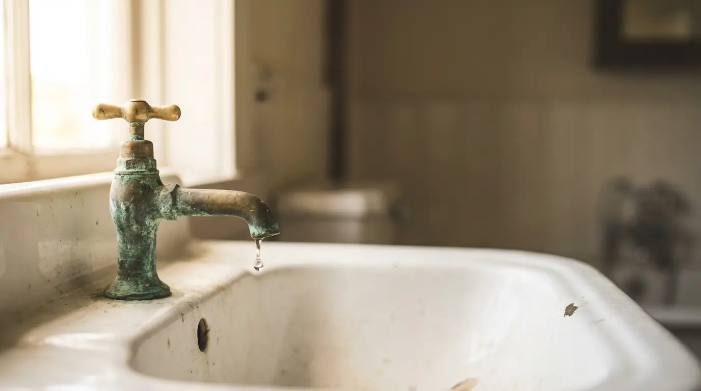 Aged brass faucet dripping over white ceramic sink in softly lit bathroom