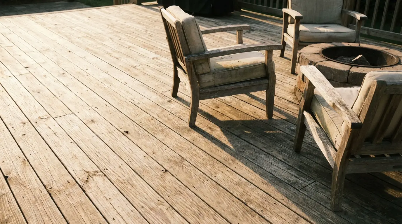 Wooden deck with rustic armchairs and stone fire pit under warm sunlight