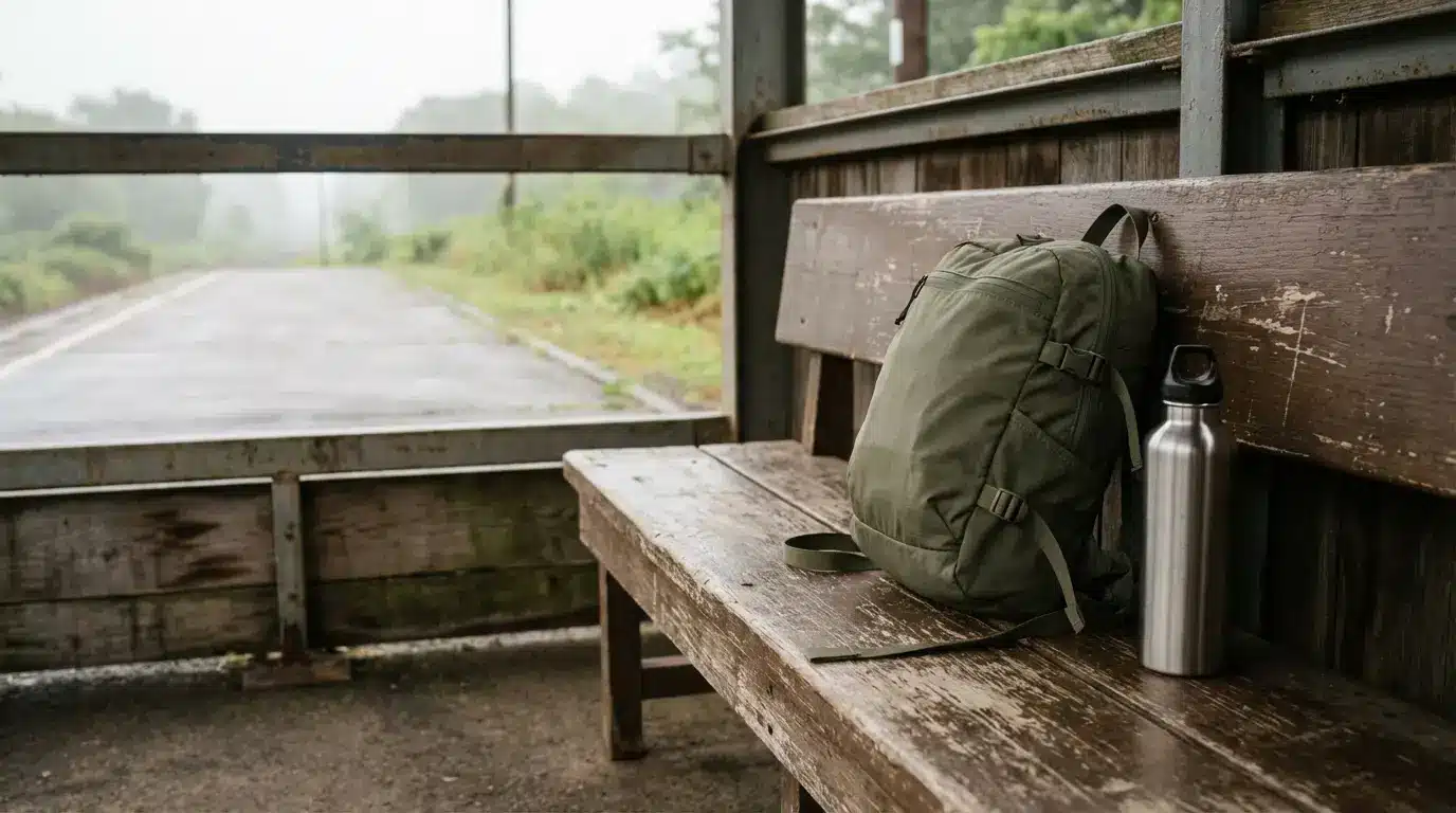 Green backpack and stainless steel bottle on wooden bench at a rustic bus stop