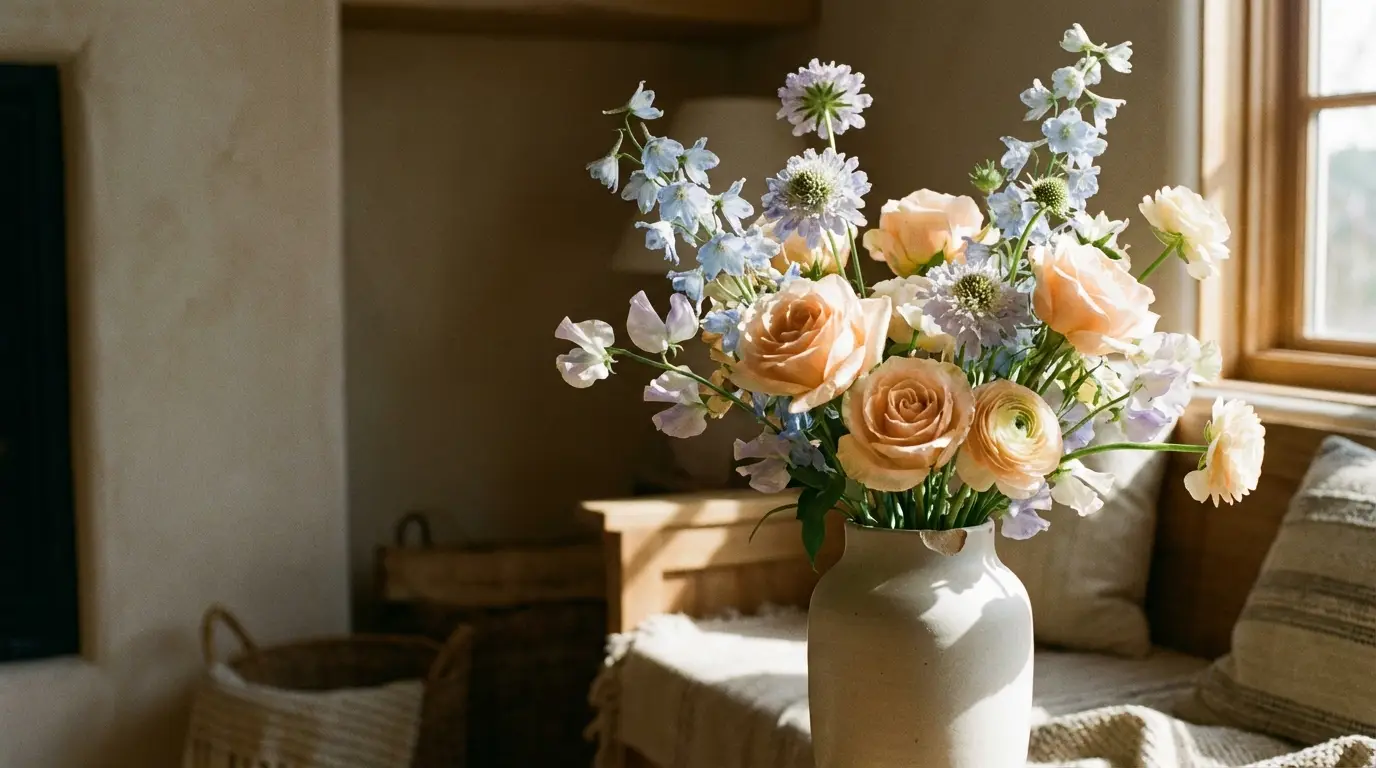 Vase with pastel flowers on a sunlit wooden table in a cozy interior setting