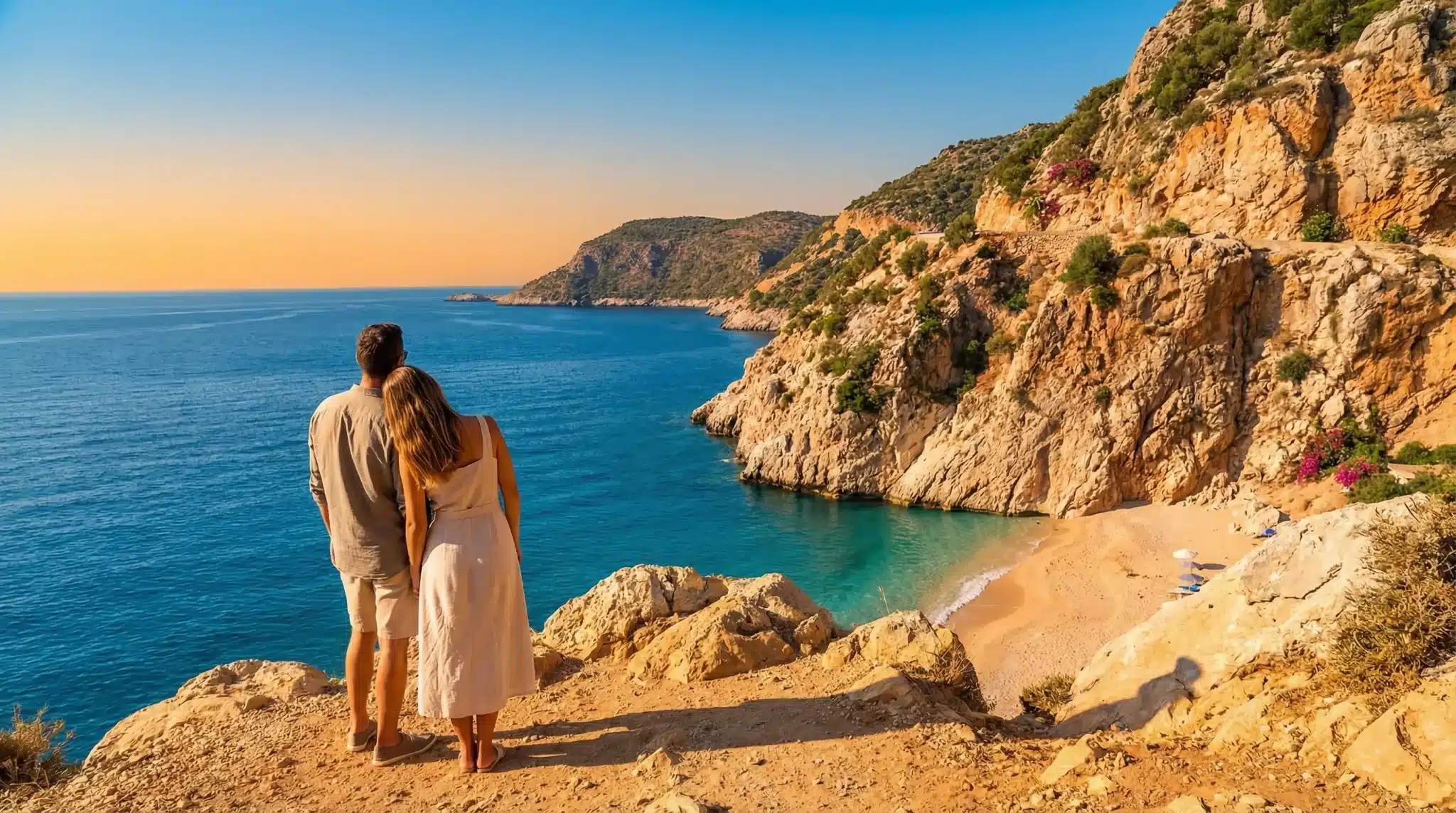 Couple enjoying scenic coastal view at sunset on rocky cliffside beach
