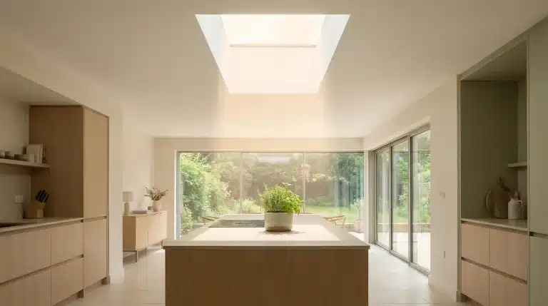 Modern kitchen interior with skylight, wooden cabinets, and potted plant on island under natural light