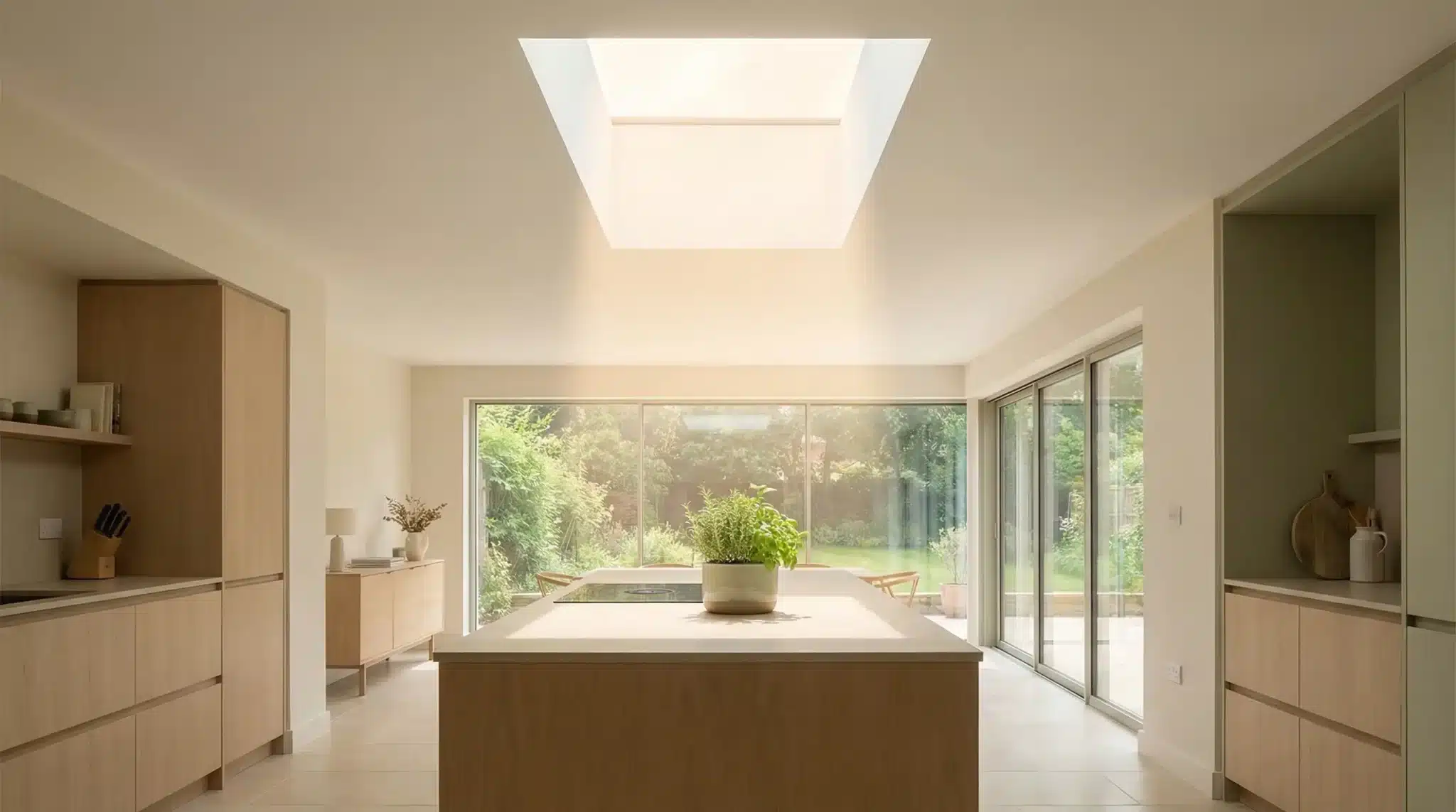 Modern kitchen interior with skylight, wooden cabinets, and potted plant on island under natural light