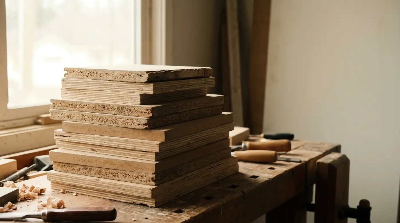 Stack of plywood sheets on a wooden workbench in a sunlit workshop with tools scattered