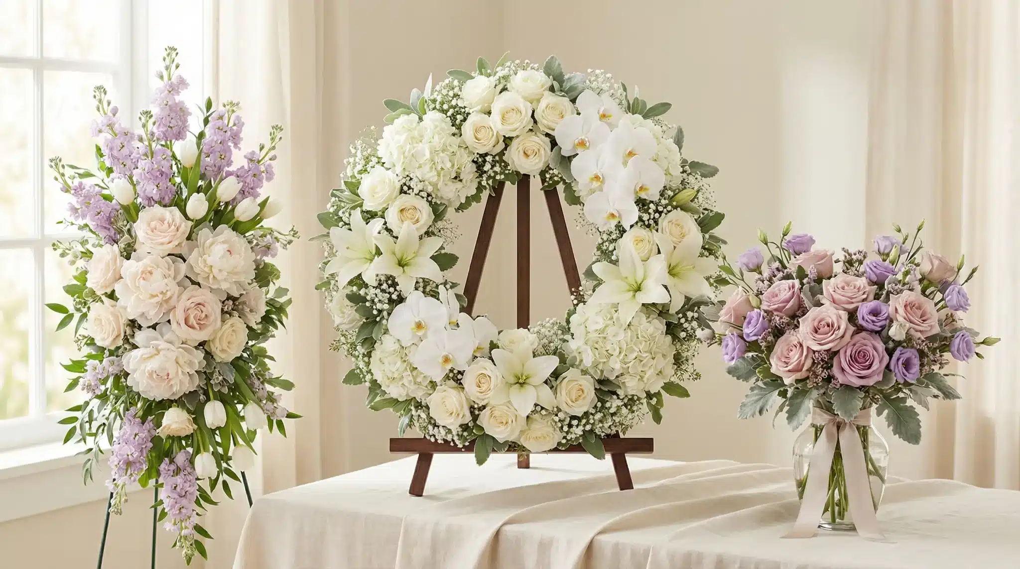 Floral arrangements with roses and lilies displayed on a table in a bright room