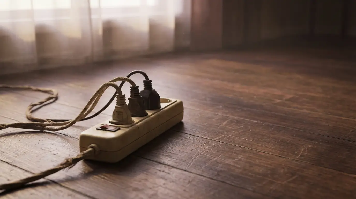 Power strip with three plugs on wooden floor in softly lit room