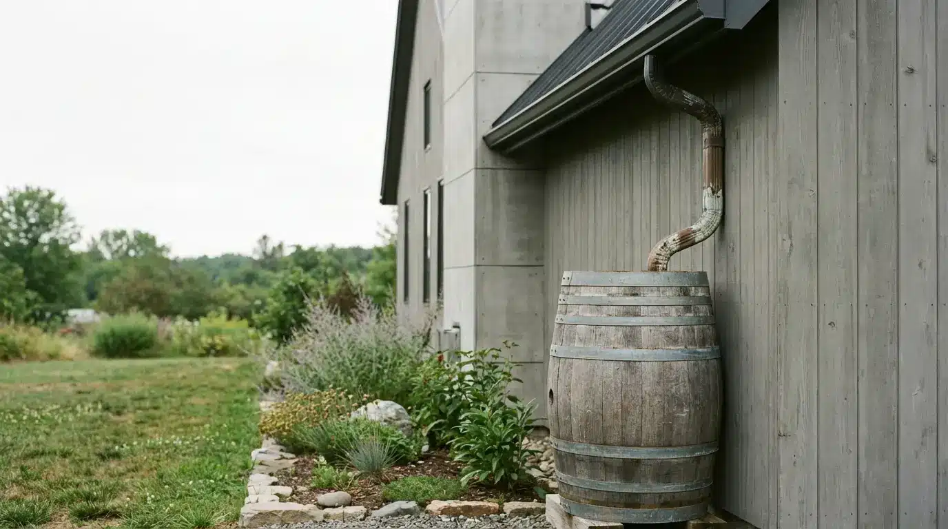 Rain barrel connected to downspout beside wooden house exterior with garden in background