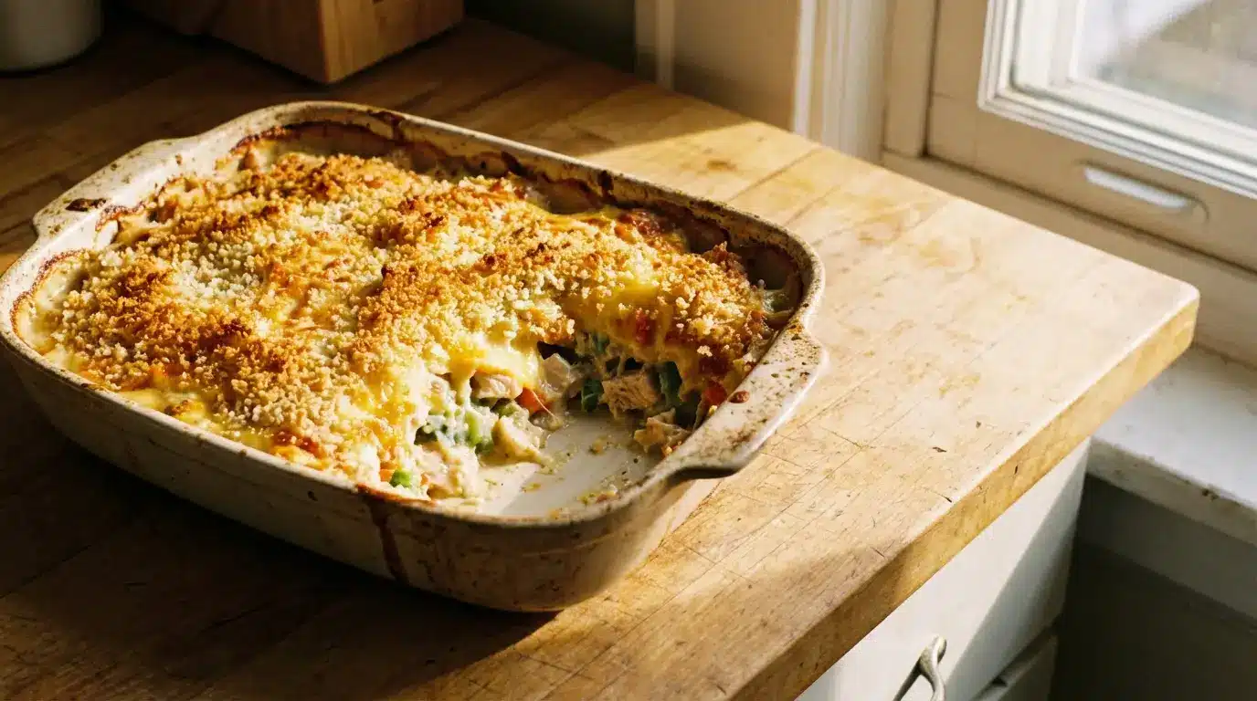 Baked chicken casserole with breadcrumb topping on wooden counter near window