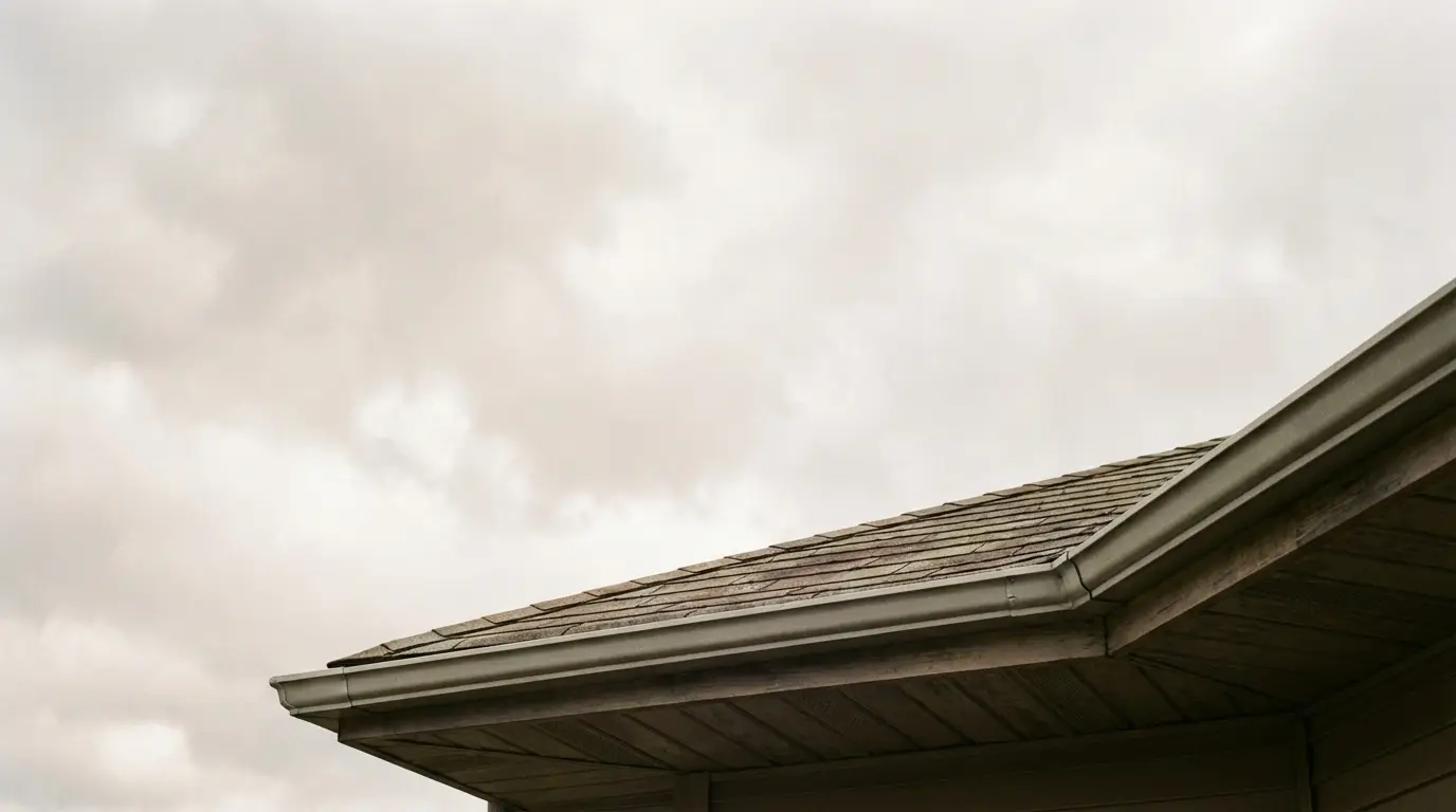 Corner of shingled roof with gutter against cloudy sky background