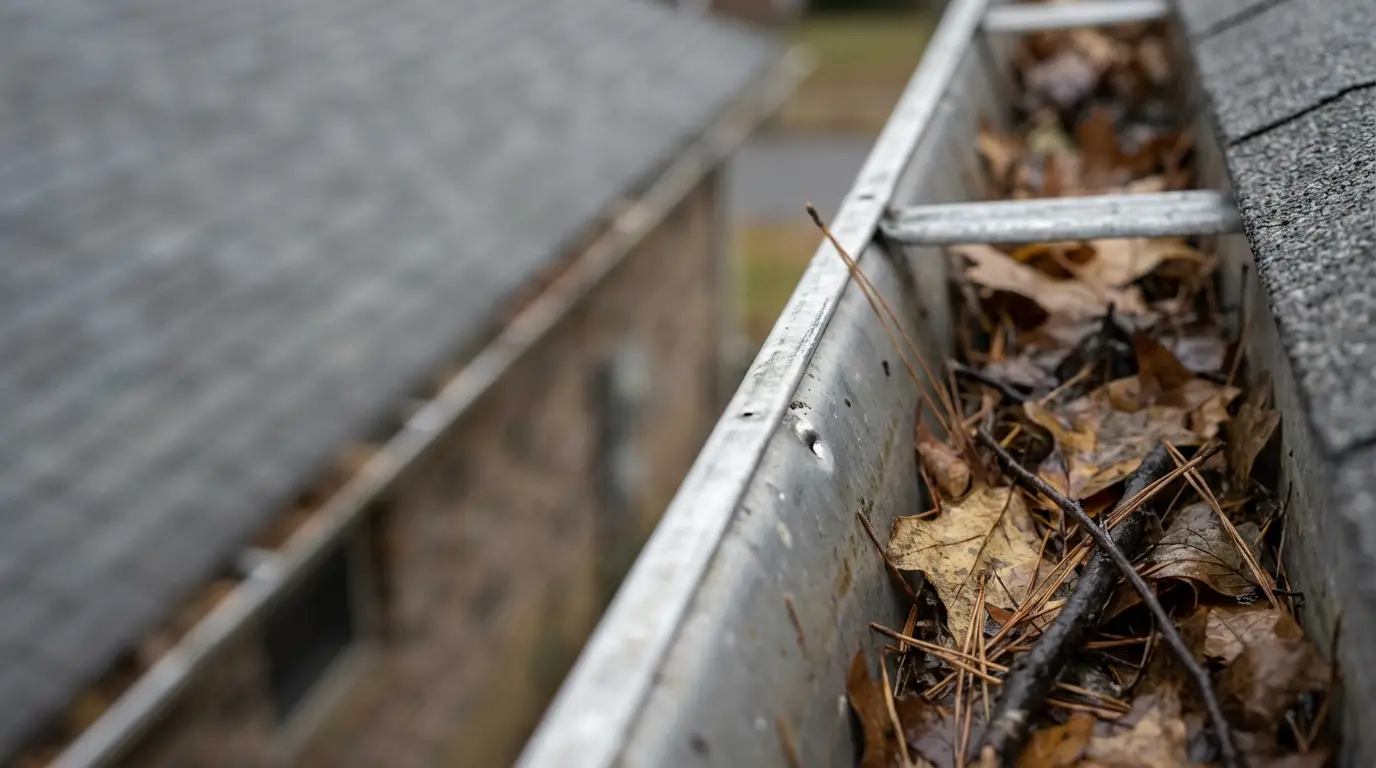 Leaves and debris clogging metal gutter on residential roof in autumn setting