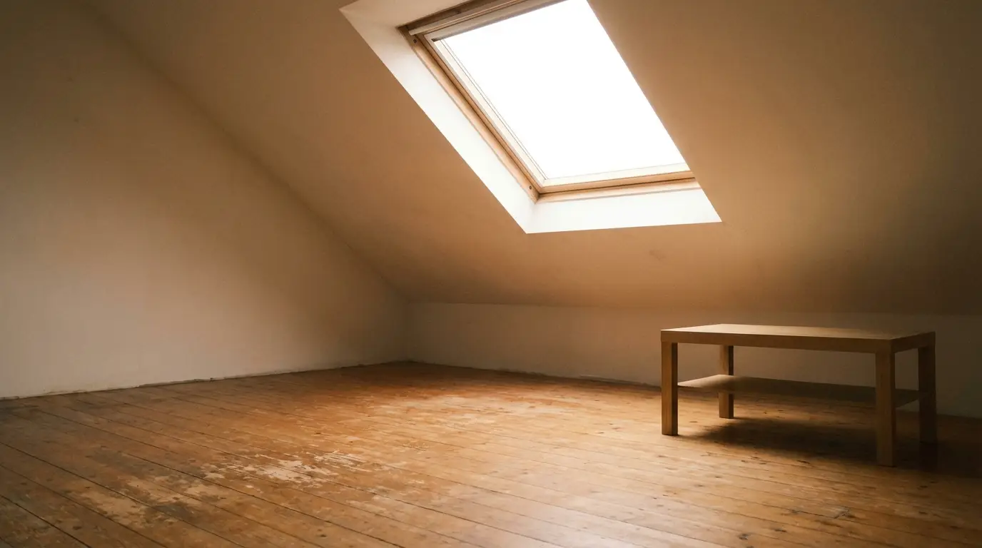 Simple wooden table in an attic room with sloped ceiling and skylight window