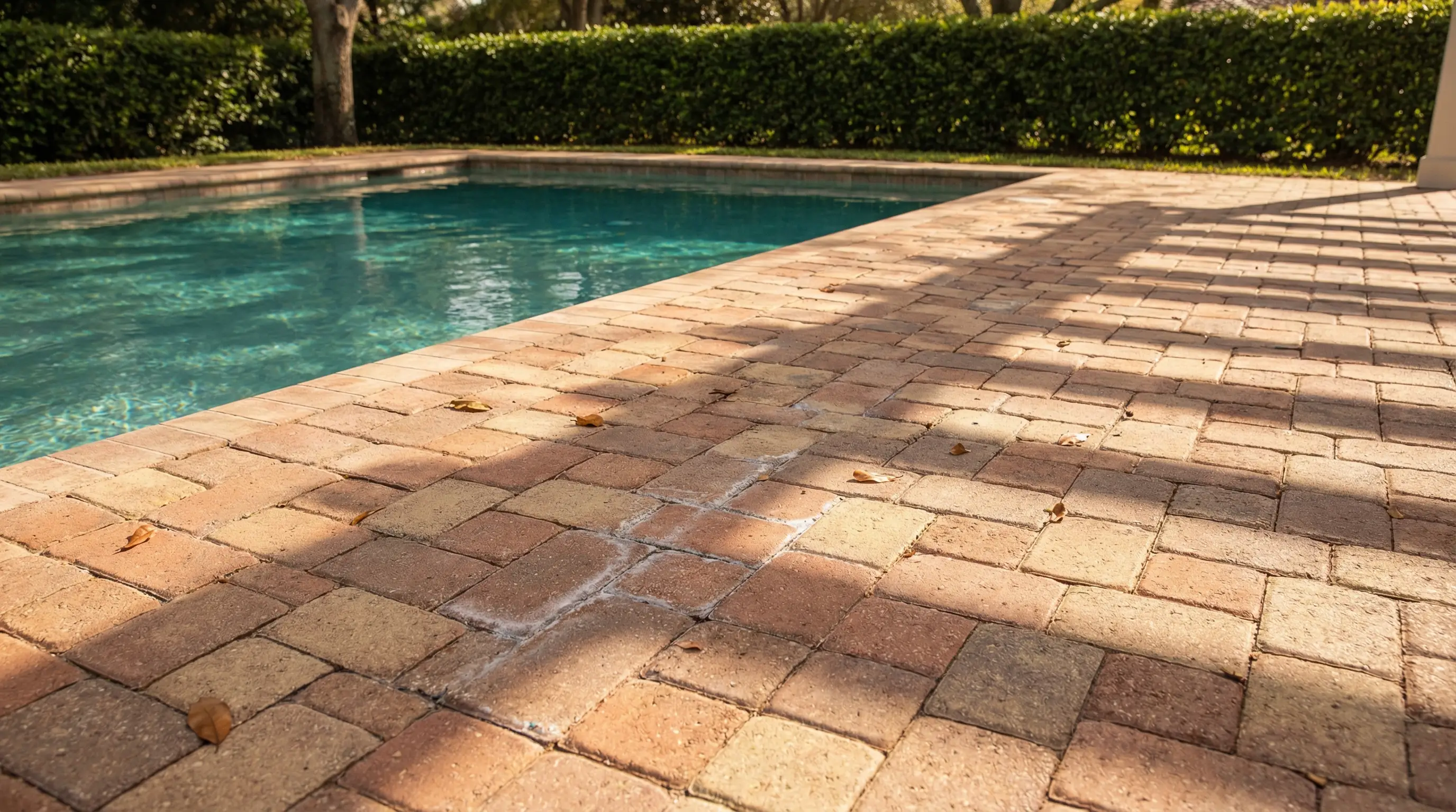 Brick patio surrounding outdoor swimming pool with sunlight casting shadows