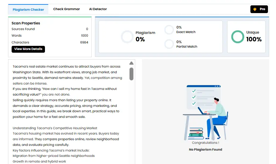 Computer screen displaying plagiarism check results alongside illustration of person at desk using laptop