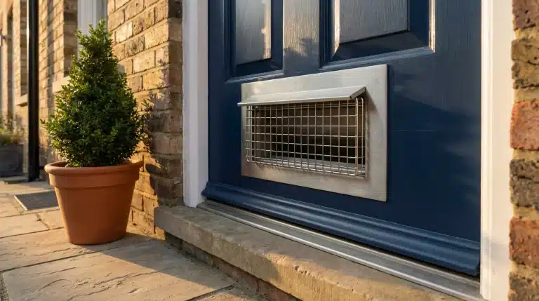 Blue front door with silver mesh mailbox and potted tree on stone pathway