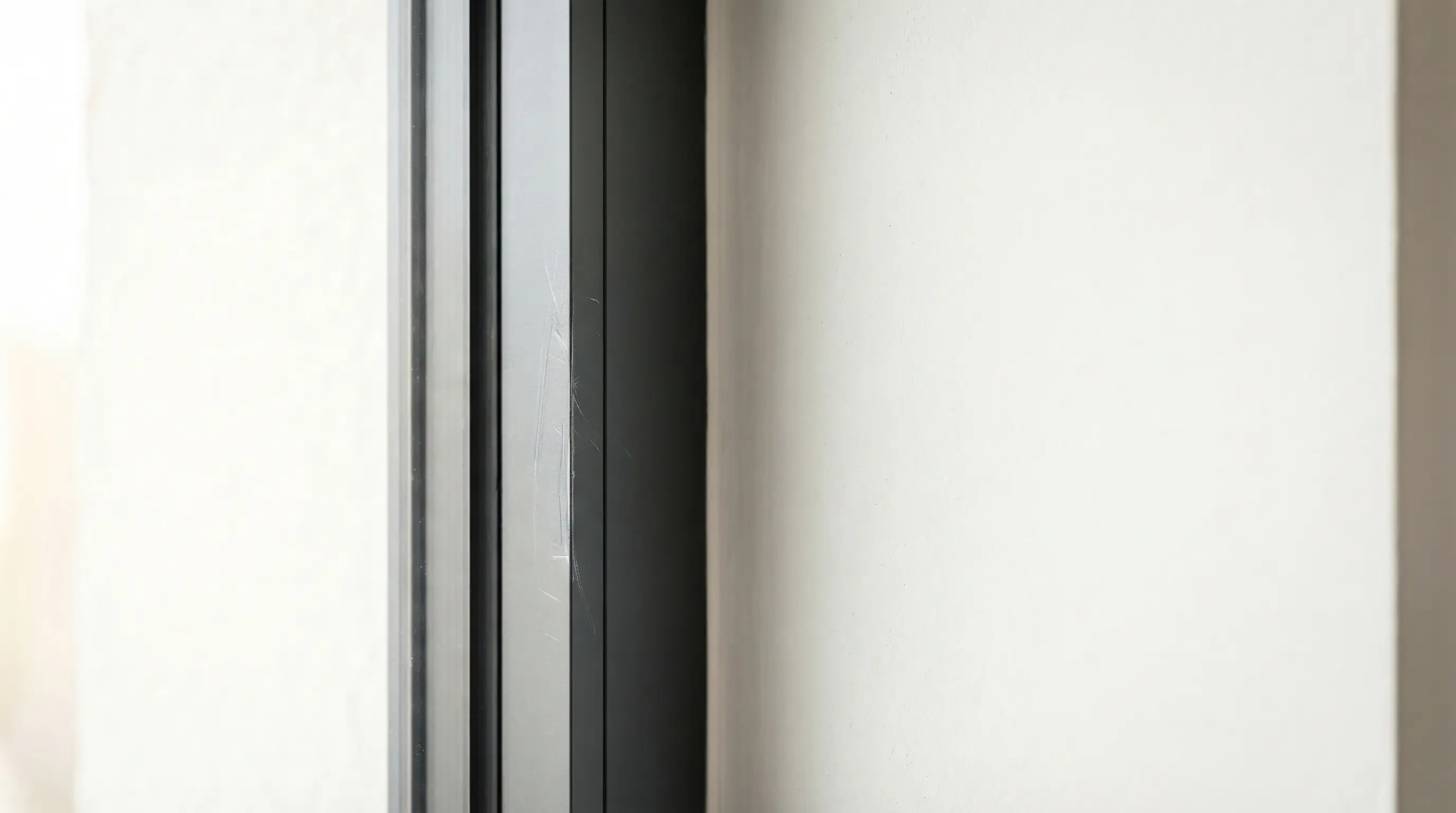 Close-up of a black window frame against a light beige wall in natural light