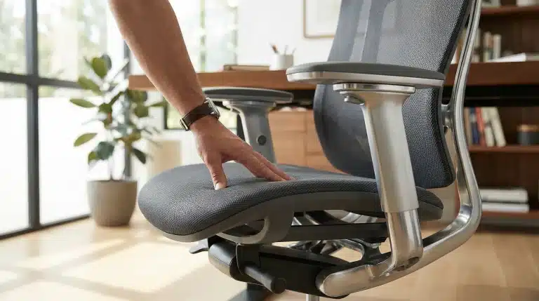 Hand adjusting ergonomic office chair in modern workspace with natural light and wooden furniture