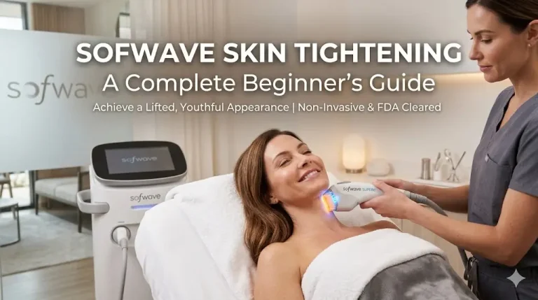 Woman receiving skin treatment with handheld device in a clinical setting