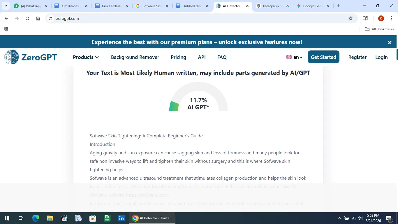 Browser window displaying AI text detection results with percentages and text content below