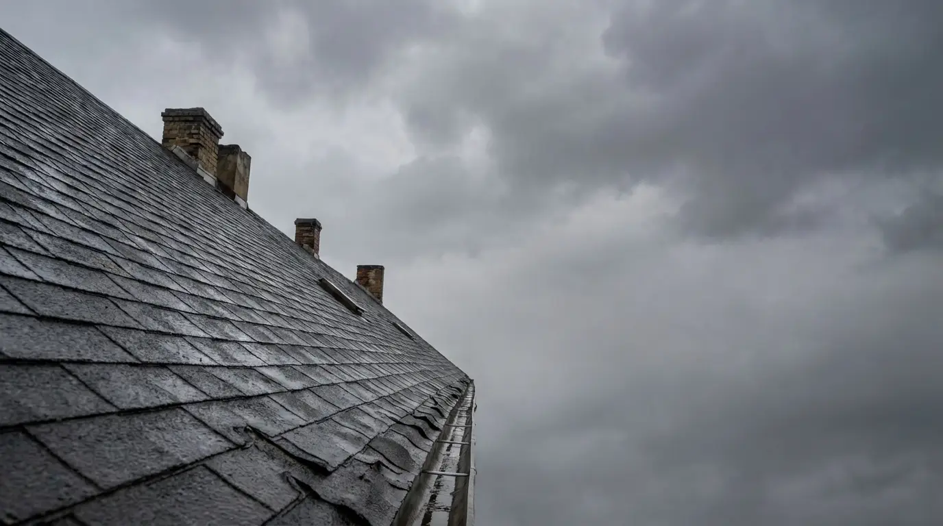 Slate roof with chimneys against cloudy sky on overcast day