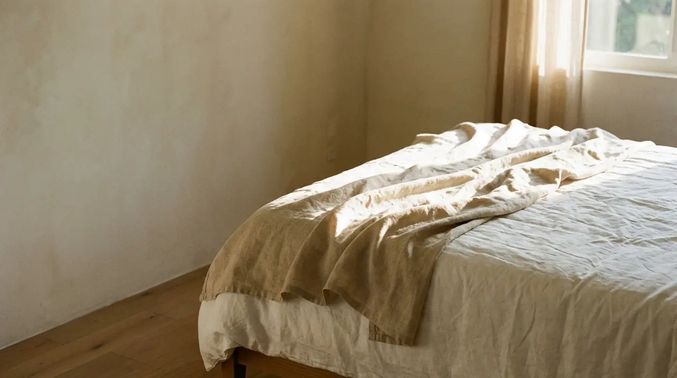 Sunlit bedroom with unmade bed and beige linen blanket near window