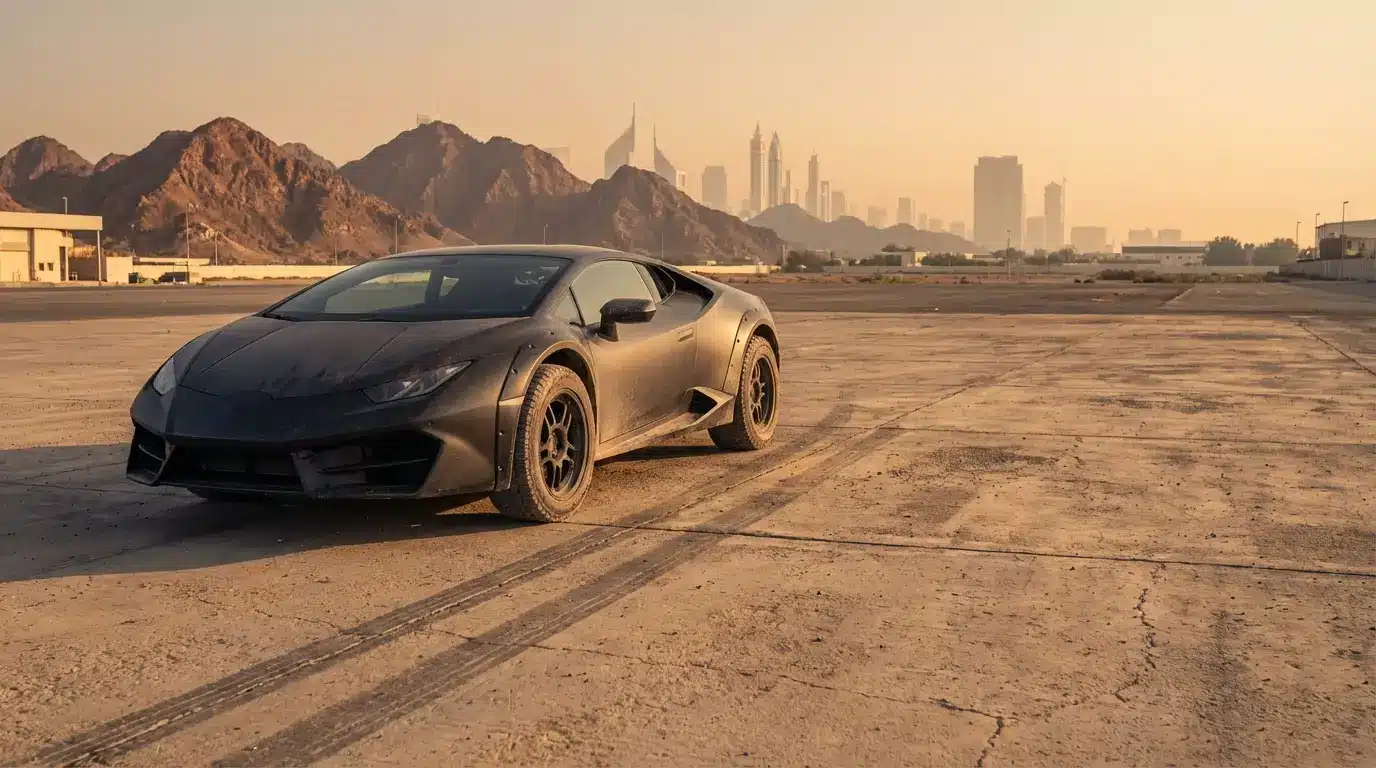 Sleek black sports car parked on a desert road with mountains and city skyline in background