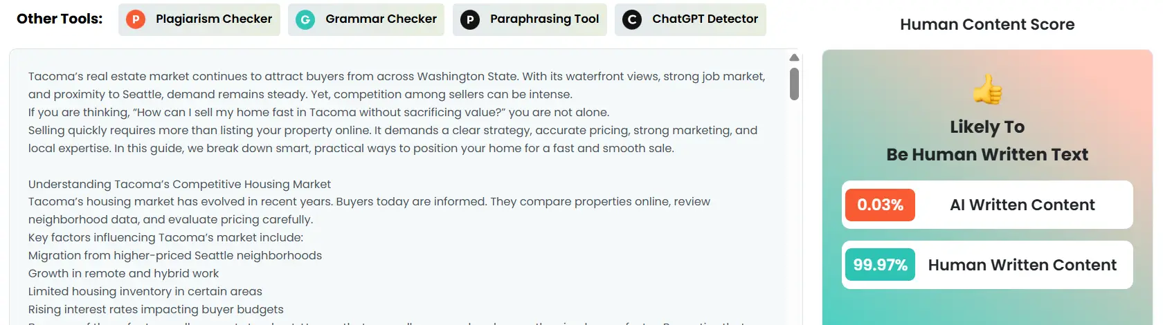 Webpage showing multiple online text evaluation tools and a content analysis score graphic