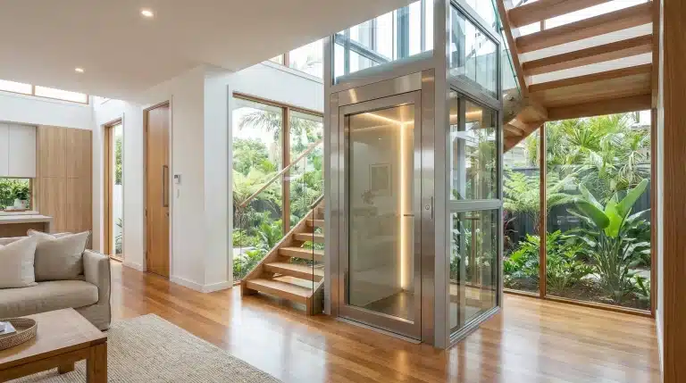 Modern home interior with glass elevator, wooden staircase, and large windows overlooking lush garden.