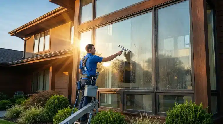 Man cleaning large windows with squeegee on ladder outside modern house at sunset