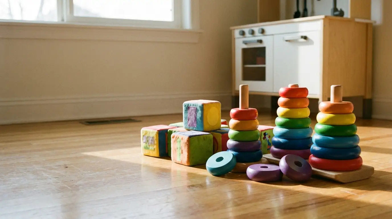 Colorful stacking rings and blocks on wooden floor in bright playroom