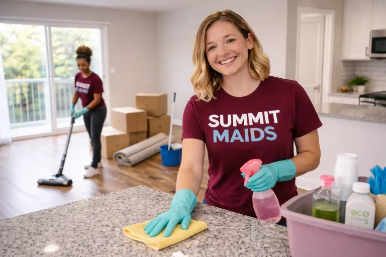Cleaning crew tidying a modern home with spray bottle and vacuum, cardboard boxes in the background