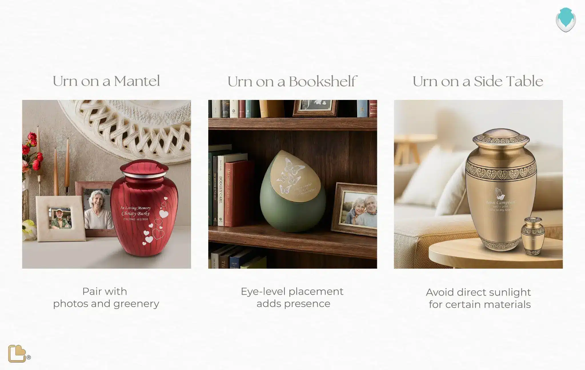 Red, green, and bronze urns each displayed on mantel, bookshelf, and side table with decor items