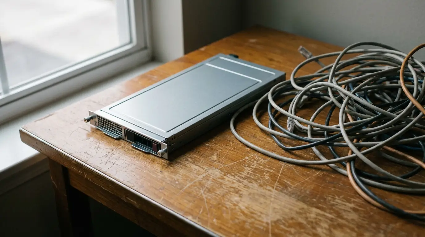 Server drive and tangled cables on wooden desk near window in dimly lit room