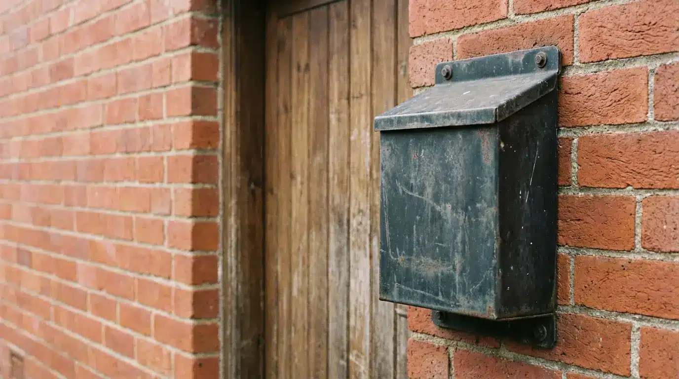 Rusty metal mailbox mounted on red brick wall beside wooden door