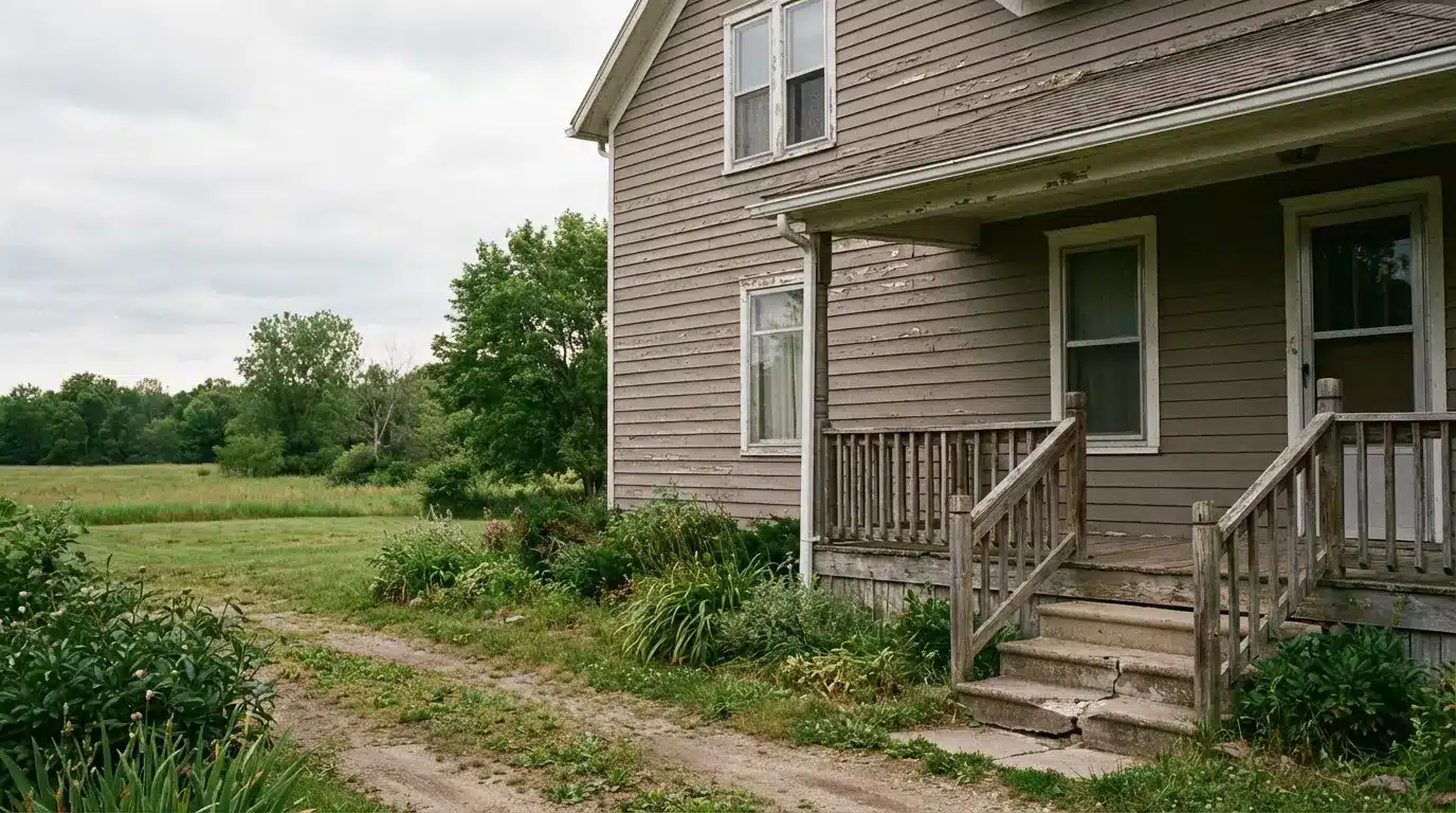 Weathered rural house with wooden porch and overgrown garden in lush countryside setting
