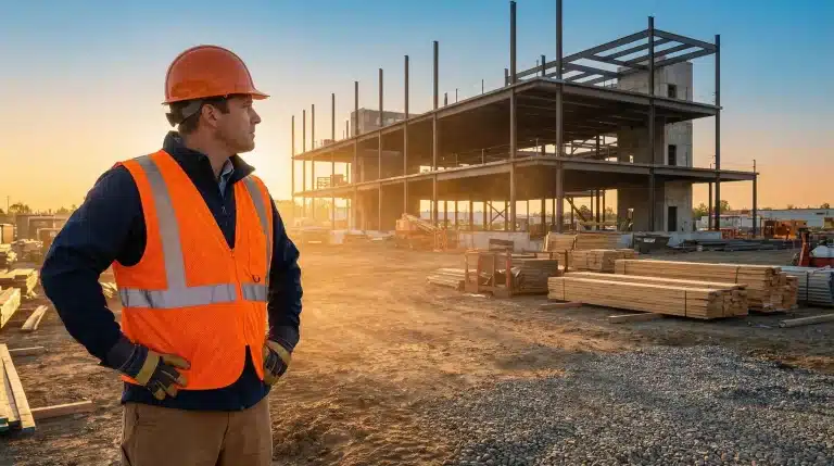 Construction worker in orange safety vest and helmet at building site during sunset
