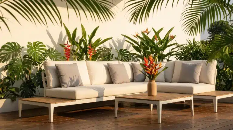 Outdoor patio with white sectional sofa, wooden table, surrounded by tropical plants under sunlight