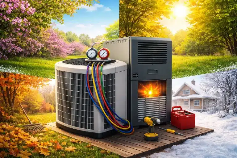 Outdoor HVAC unit and furnace with tools, surrounded by seasonal landscape sections